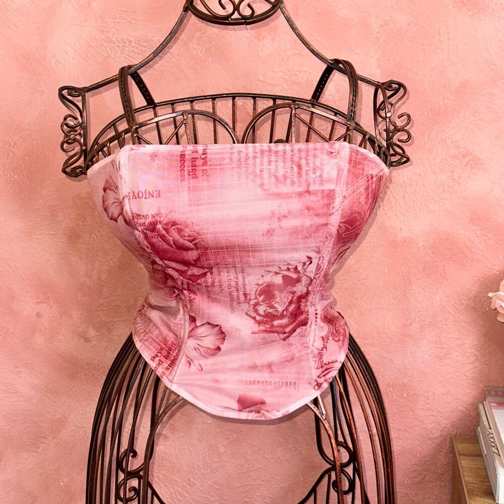 Pink Newspaper Floral Print Corset Top Strapless Boned Bustier Large